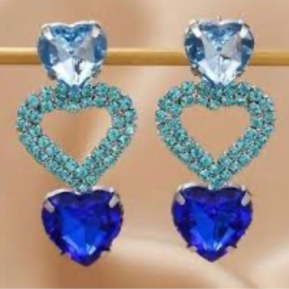 Romantic Blue Crystal Three Heart Drop Earrings - Picture 9 of 17